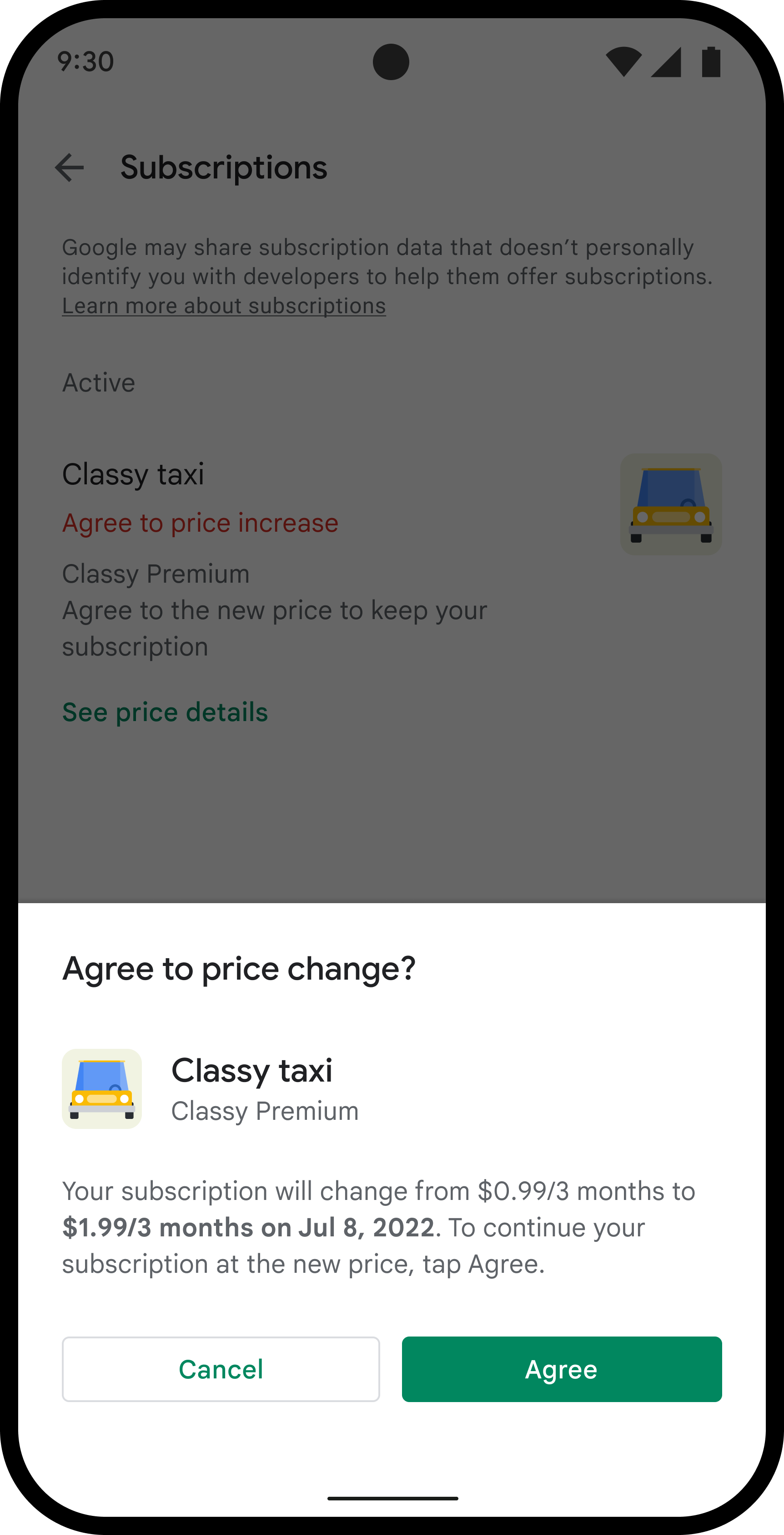 Generic dialog notifying the user of a subscription price change