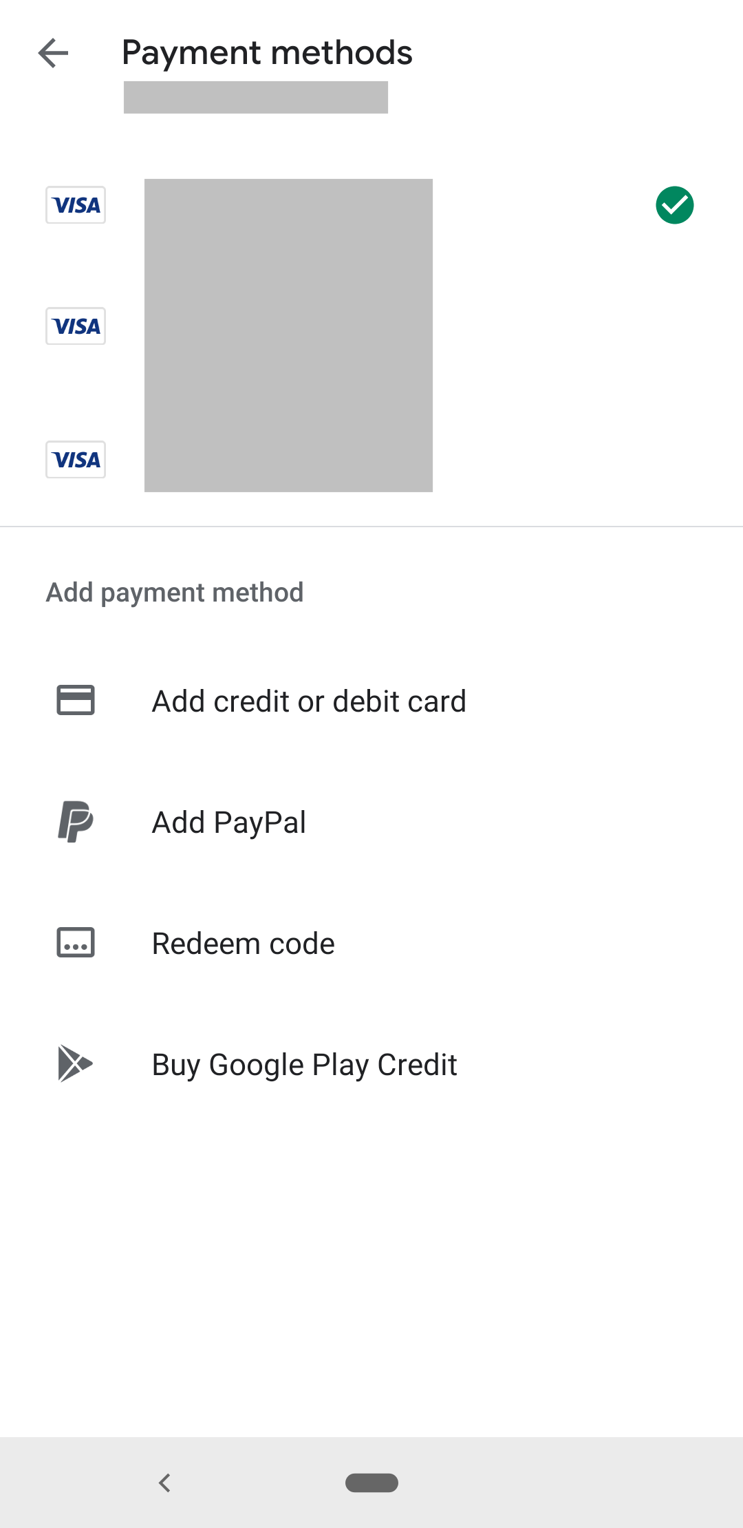screen that lists payment methods for an in-app purchase