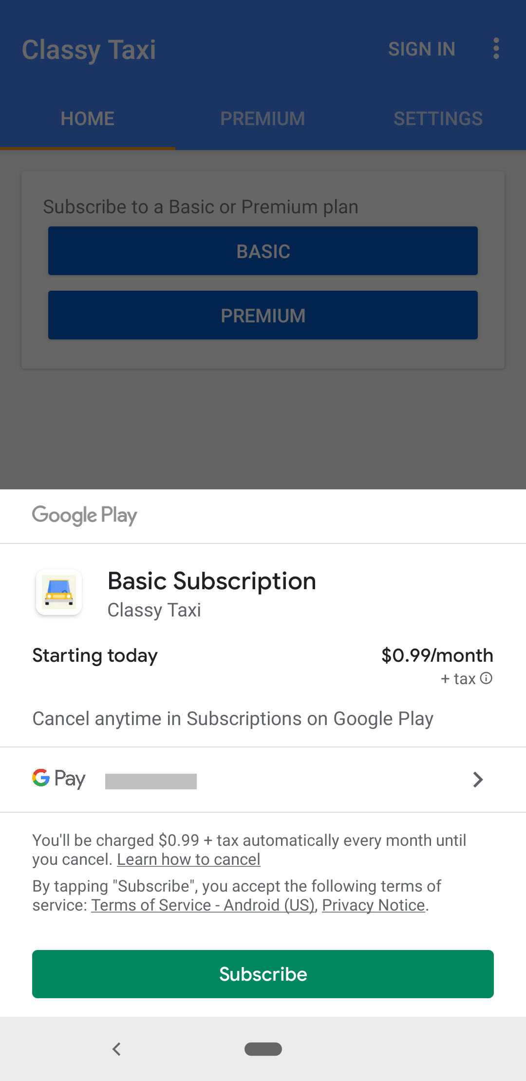 a subscription purchase dialog