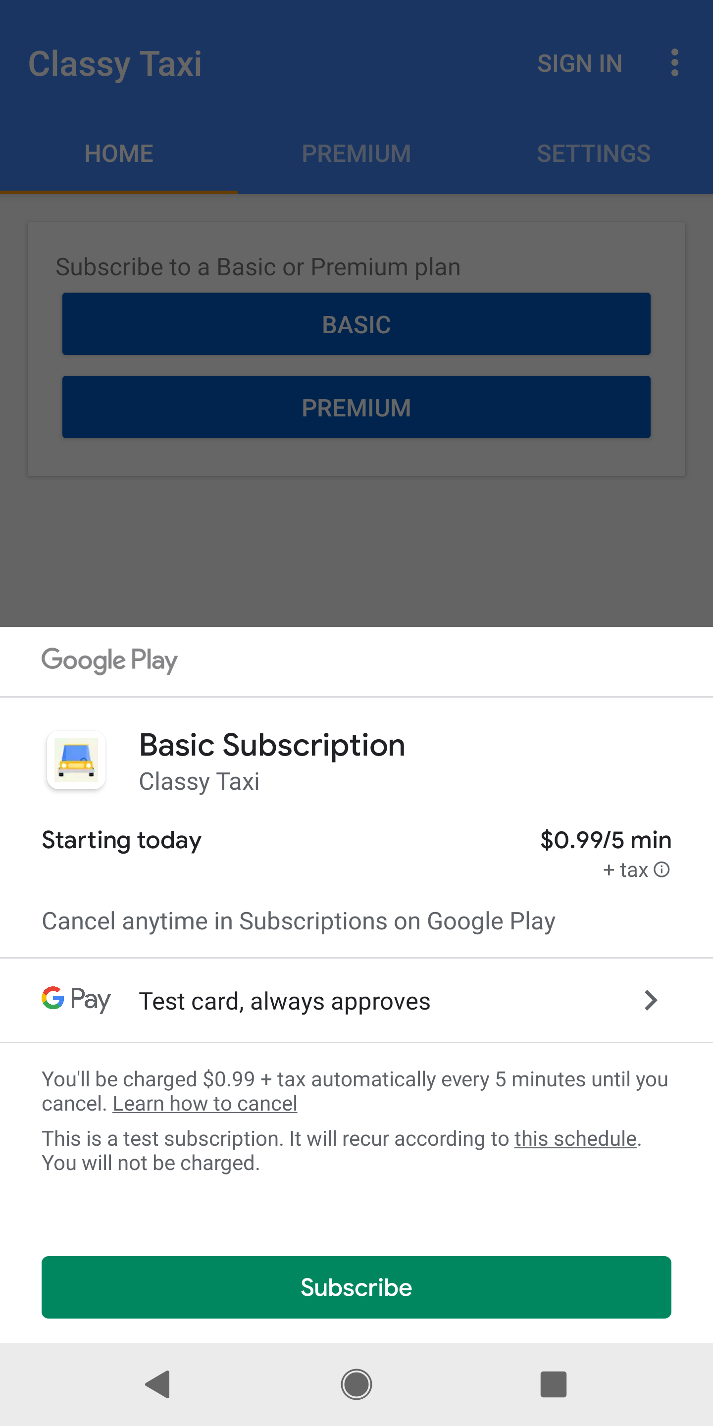 Auf dem Google Play-Kaufbildschirm wird ein Abo angezeigt, das zum Kauf angeboten wird