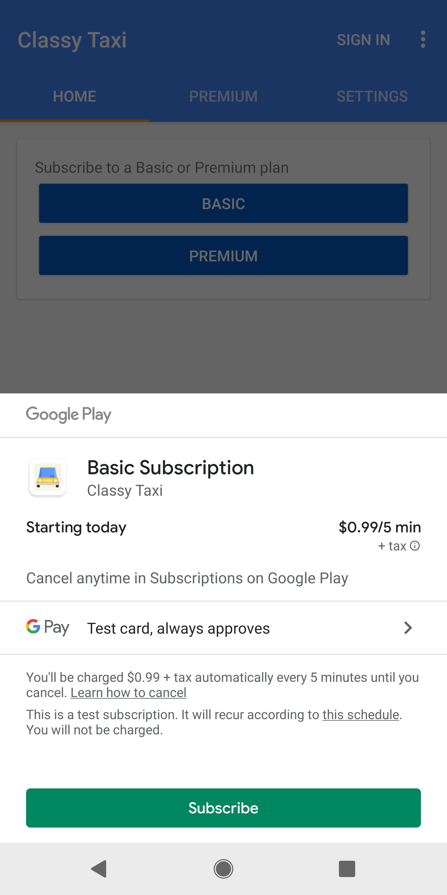 На экране покупки Google Play отображается подписка, которая доступна для покупки.