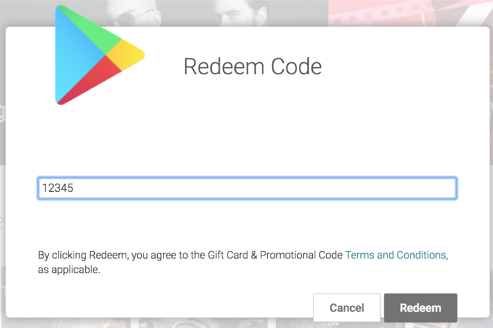 Diálogo para canjear código de la app Google Play