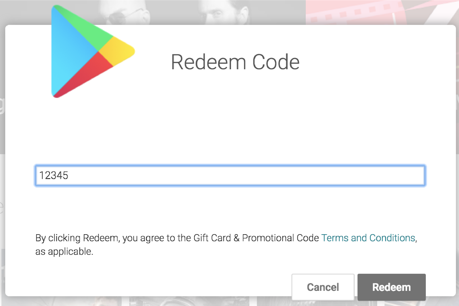 Caixa de diálogo &quot;Resgatar código&quot; do app Google Play