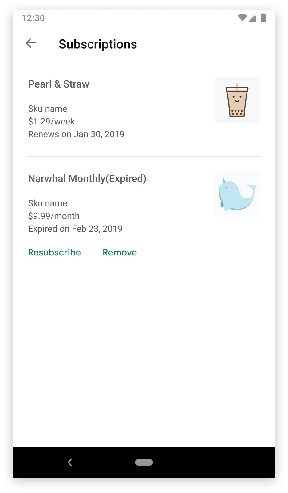 subscriptions section in the google play store app showing a
cancelled and expired subscription with resubscribe and remove
buttons