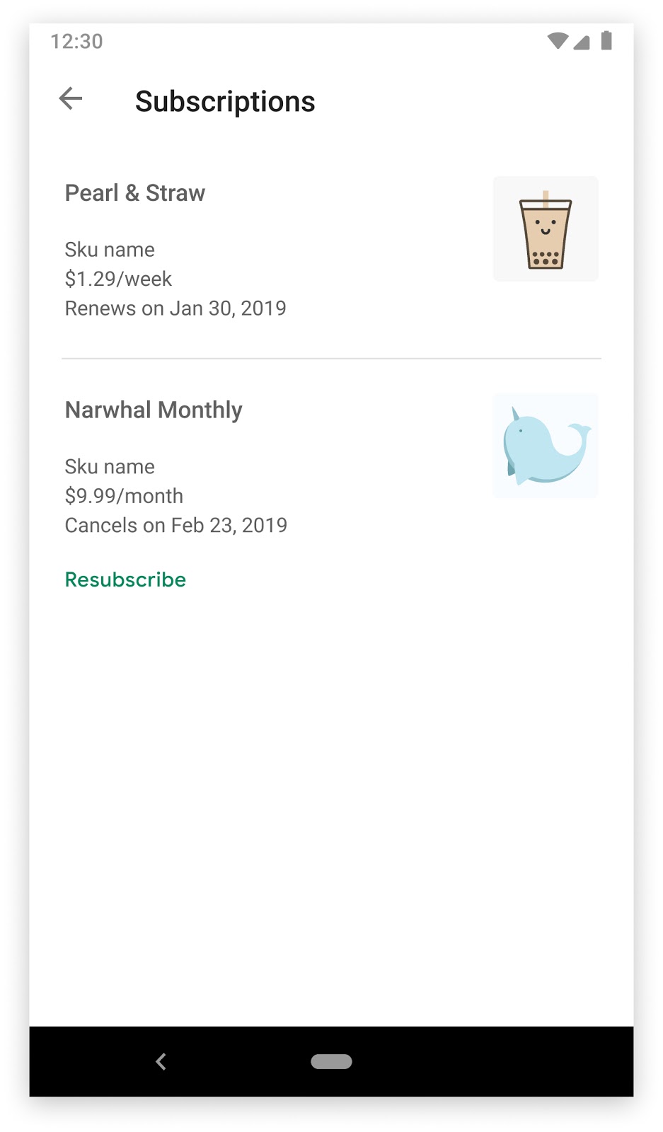 Der Bereich „Abos“ in der Google Play Store App mit einem gekündigten Abo und der Schaltfläche „Erneut abonnieren“