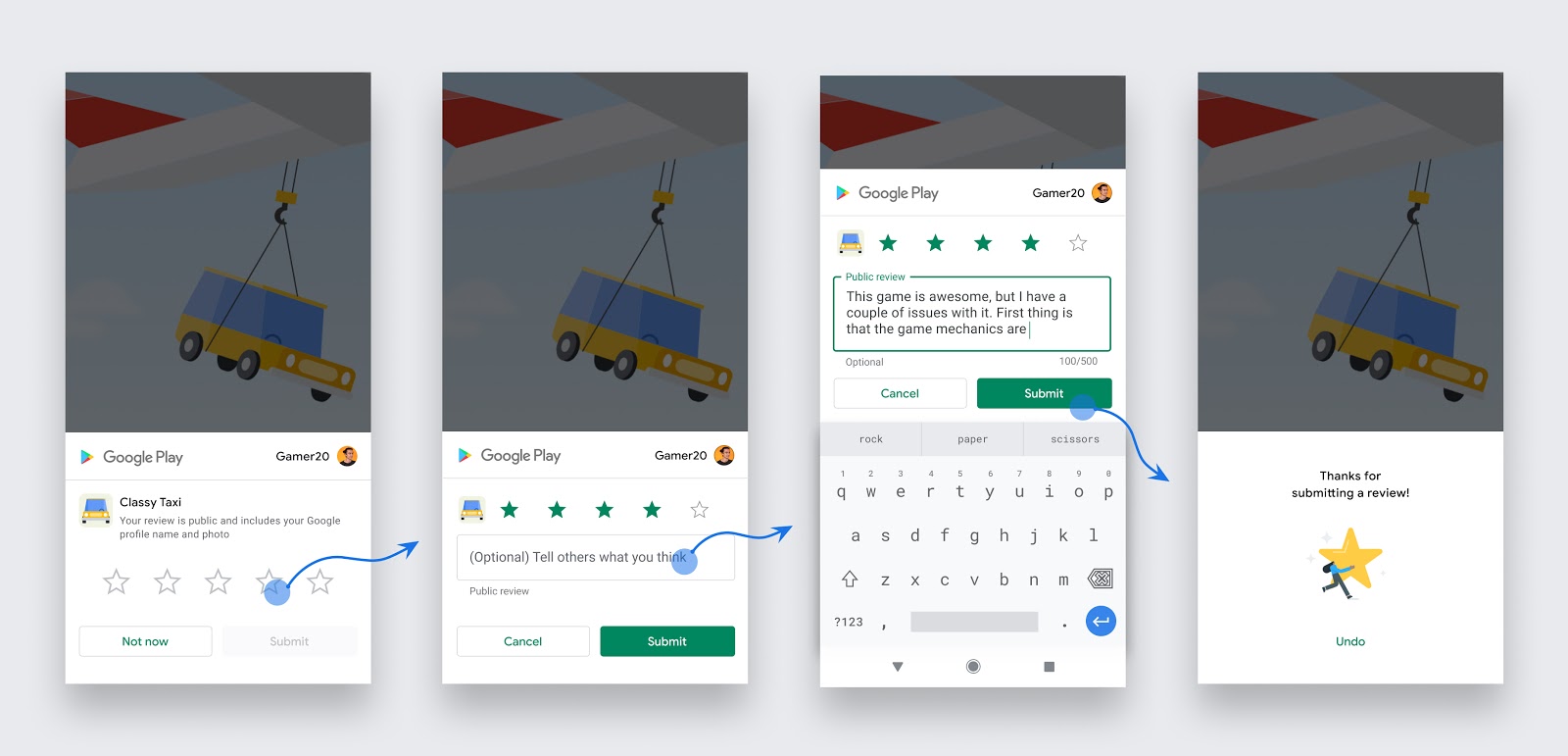 Fluxo de avaliação no app para um usuário