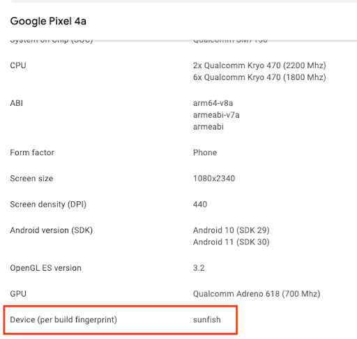 หน้า Pixel 4a ในแคตตาล็อกอุปกรณ์