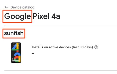 Página del Pixel 4a en el catálogo de dispositivos