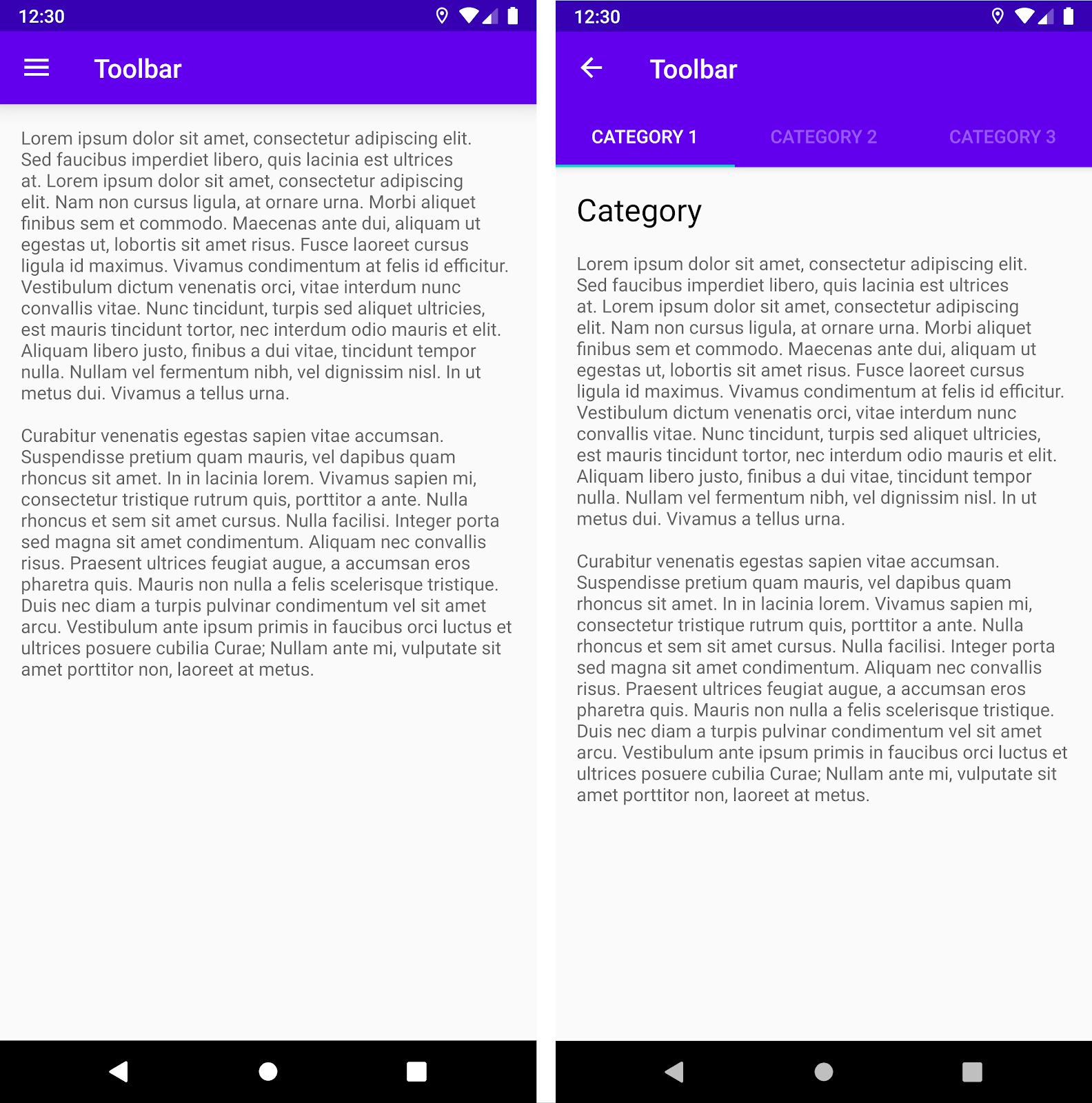 두 가지 상단 앱 바 변형: 표준 툴바(왼쪽) 및 툴바와 탭이 있는 AppBarLayout(오른쪽)