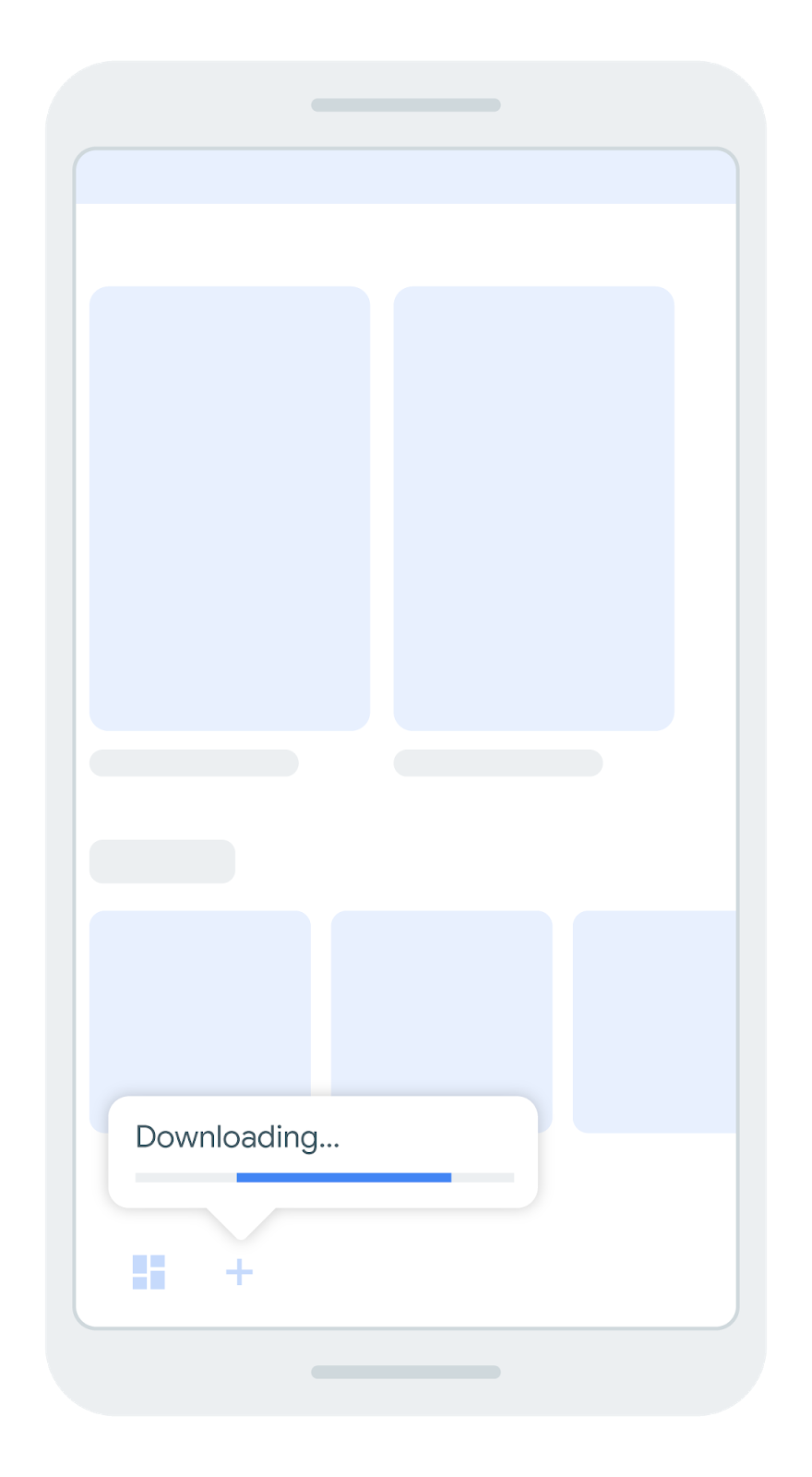 tela que mostra uma barra de navegação inferior com um ícone que indica
         o download de um módulo de recursos.