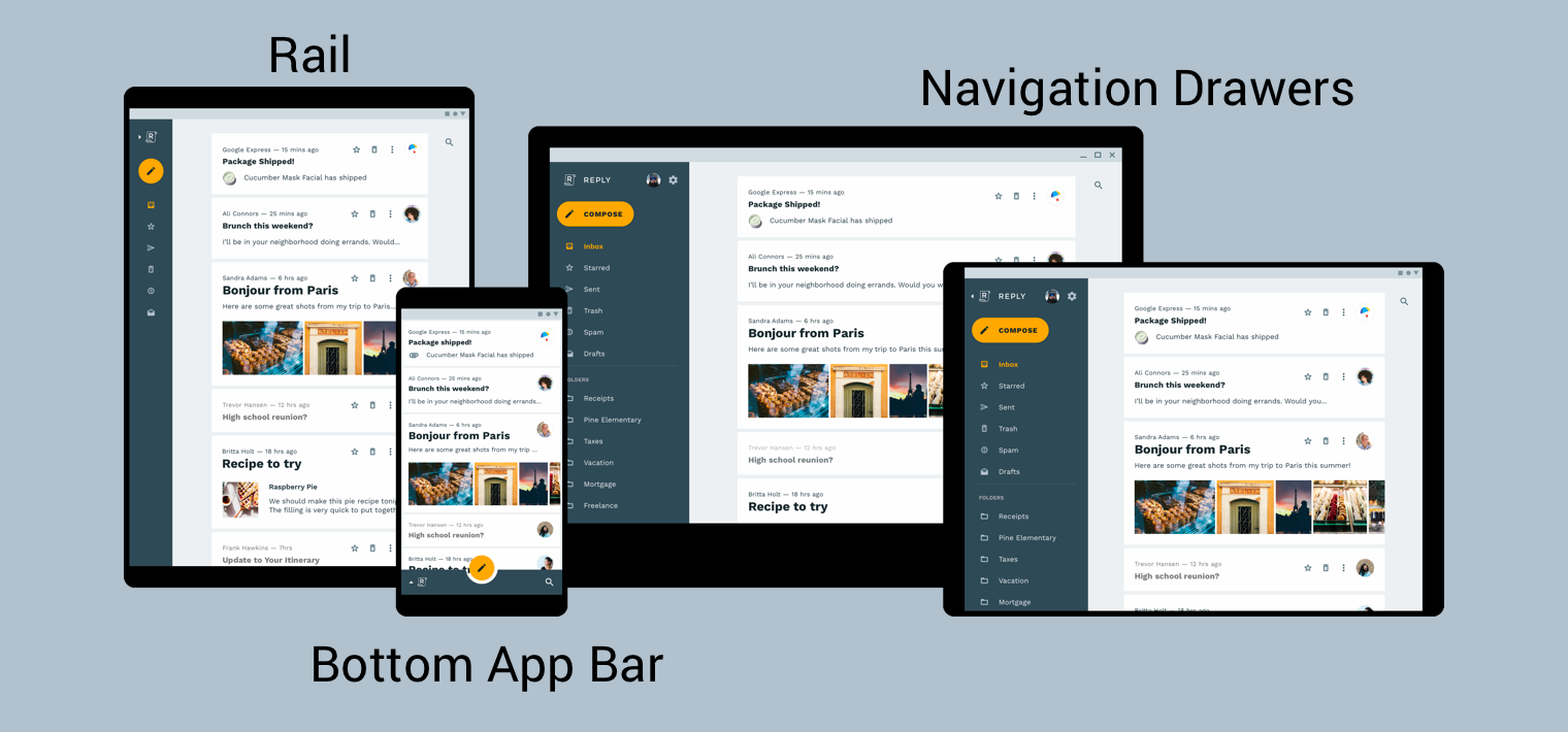 exemplos de uma coluna, gavetas de navegação e uma barra de apps inferior