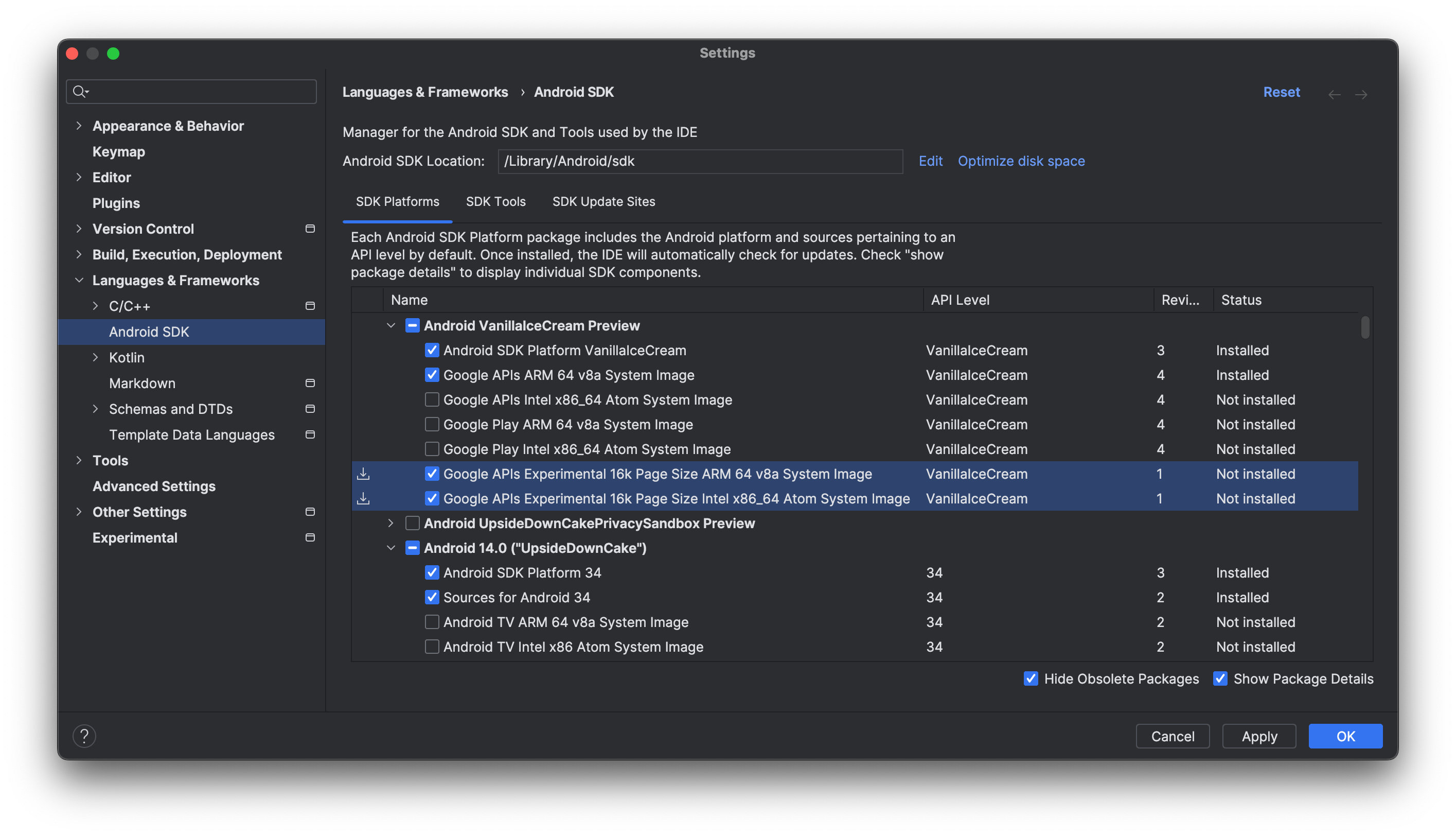 Android Studio の SDK Manager を使用して 16 KB のエミュレータ システム イメージをダウンロードする