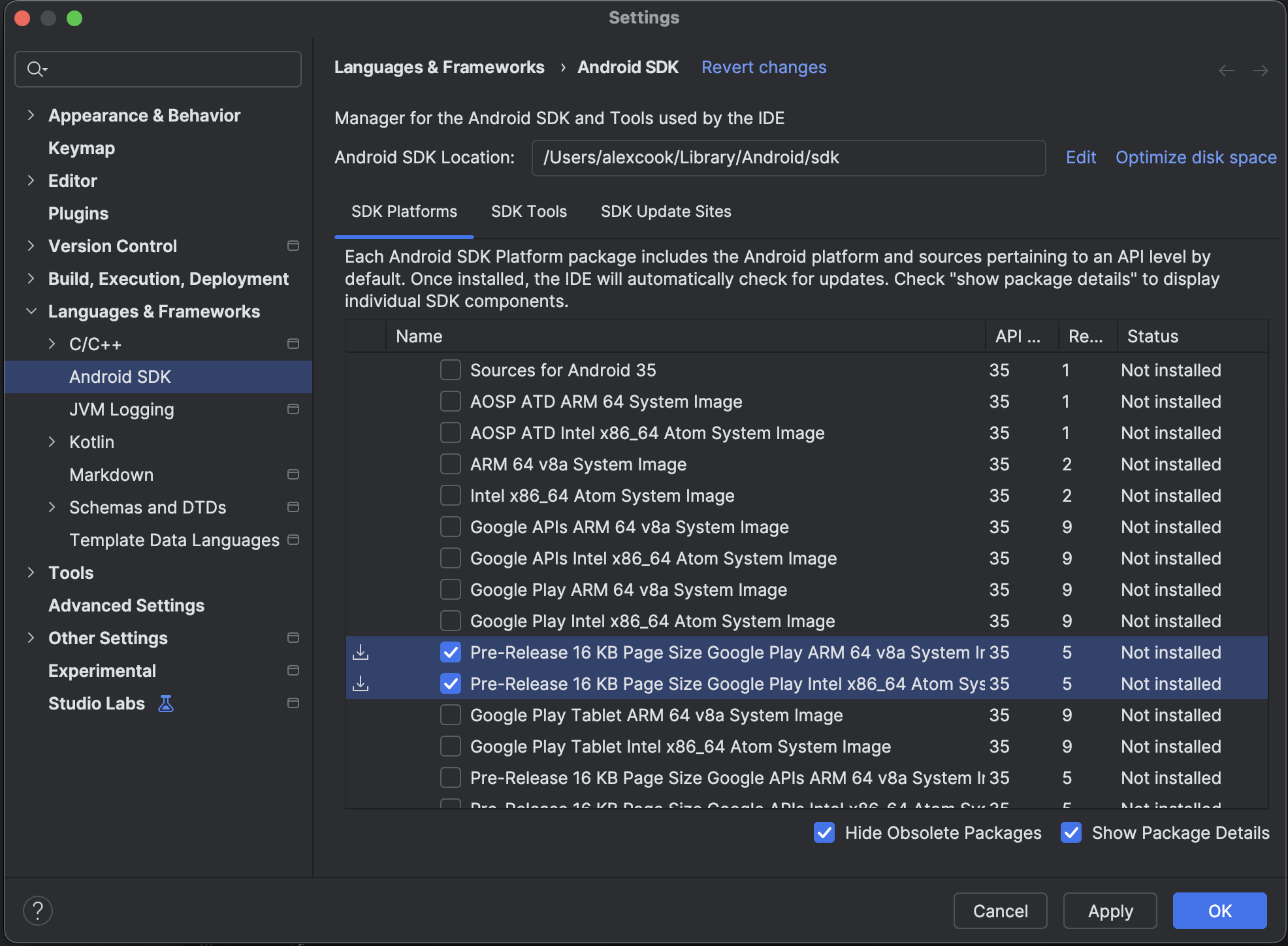 ดาวน์โหลดอิมเมจระบบของโปรแกรมจำลองขนาด 16 KB โดยใช้ SDK Manager ใน
  Android Studio