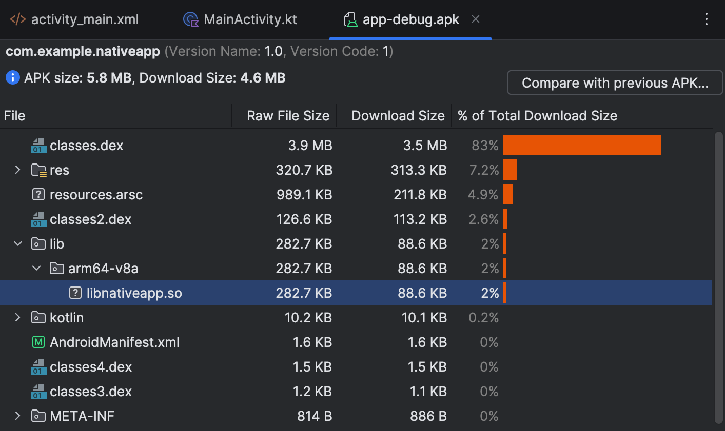 Visualizzazione di APK Analyzer che mostra che i file di oggetti condivisi sono presenti