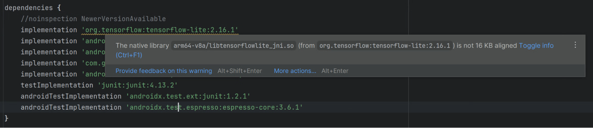 Studio-Linter-Warnung zu einer nicht ausgerichteten nativen Bibliothek