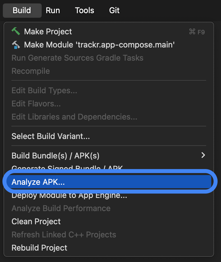 Opção de menu &quot;Build&quot; do Studio para iniciar o APK
Analisador