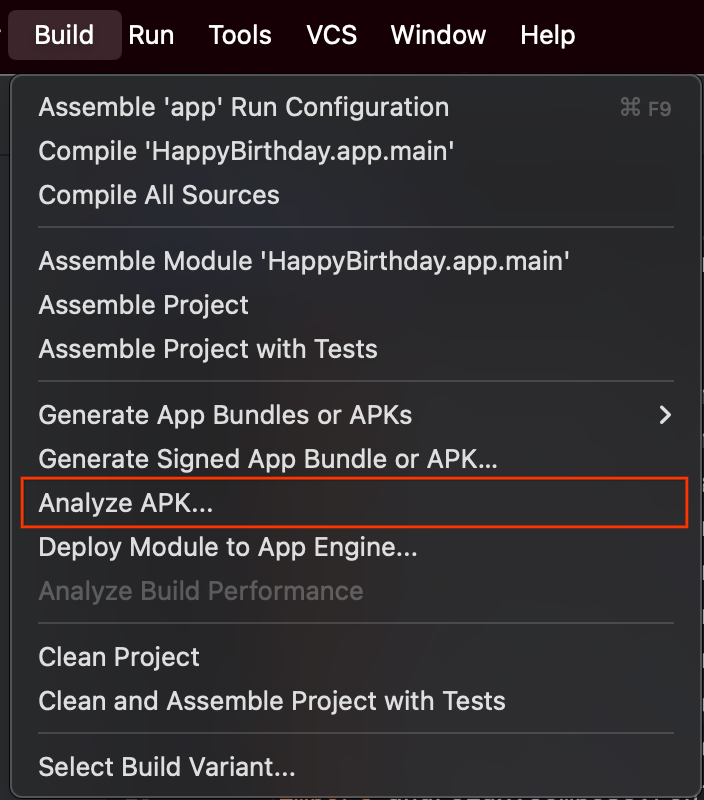 Пункт меню Studio Build для запуска анализатора APK