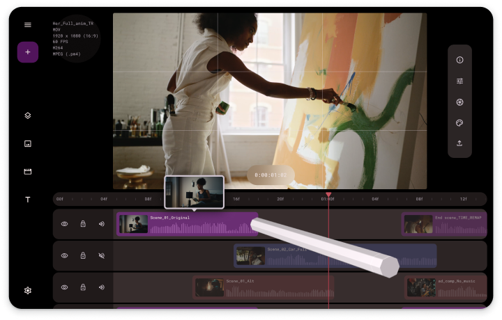 تطبيق لتعديل الفيديوهات مع قلم شاشة يسحب المخطط الزمني للفيديو المعروض