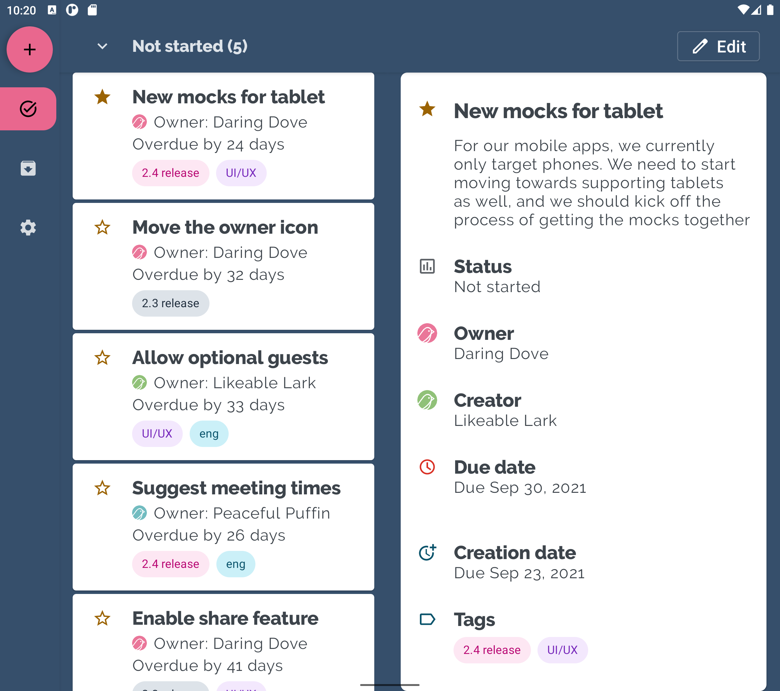 SlidingPaneLayout mostrando os dois painéis de um layout de detalhes e listas em um dispositivo com uma tela ampla.