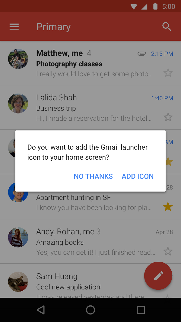 The custom dialog activity that shows the prompt 'Do you want to add the Gmail launcher icon to your home screen?' The custom options are 'No thanks' and 'Add icon'.