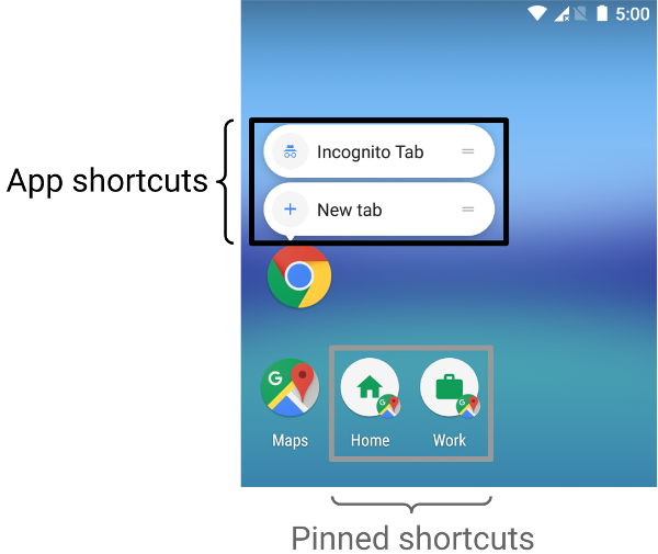 Screenshot showing contrast between app shortcuts
  and pinned shortcuts