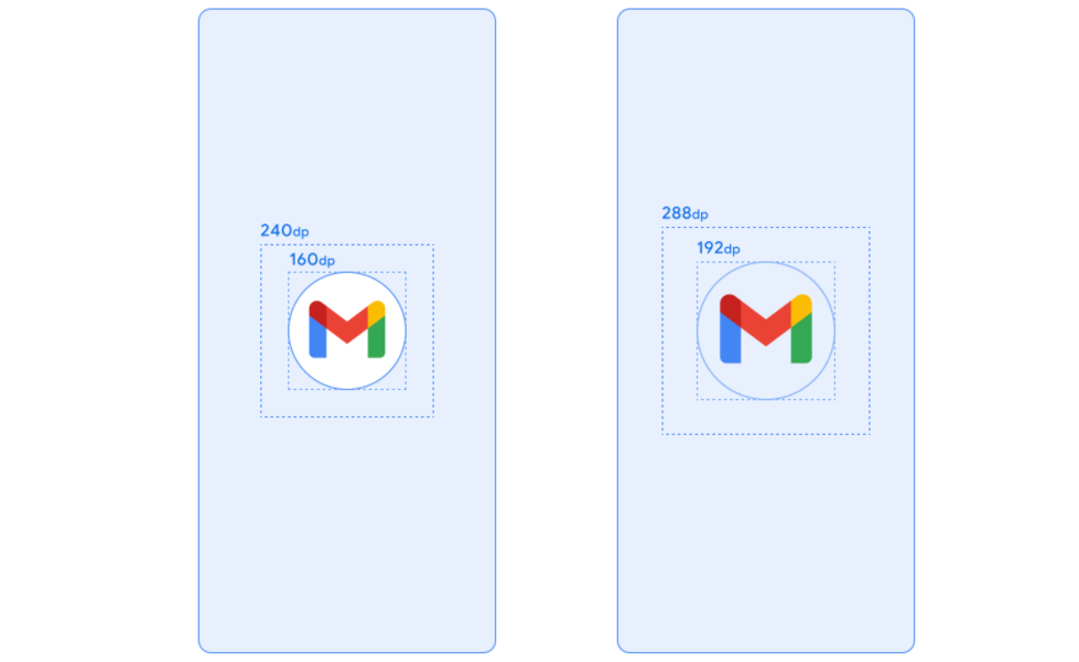 Uma imagem mostrando diferentes dimensões de ícone para um fundo sólido e transparente