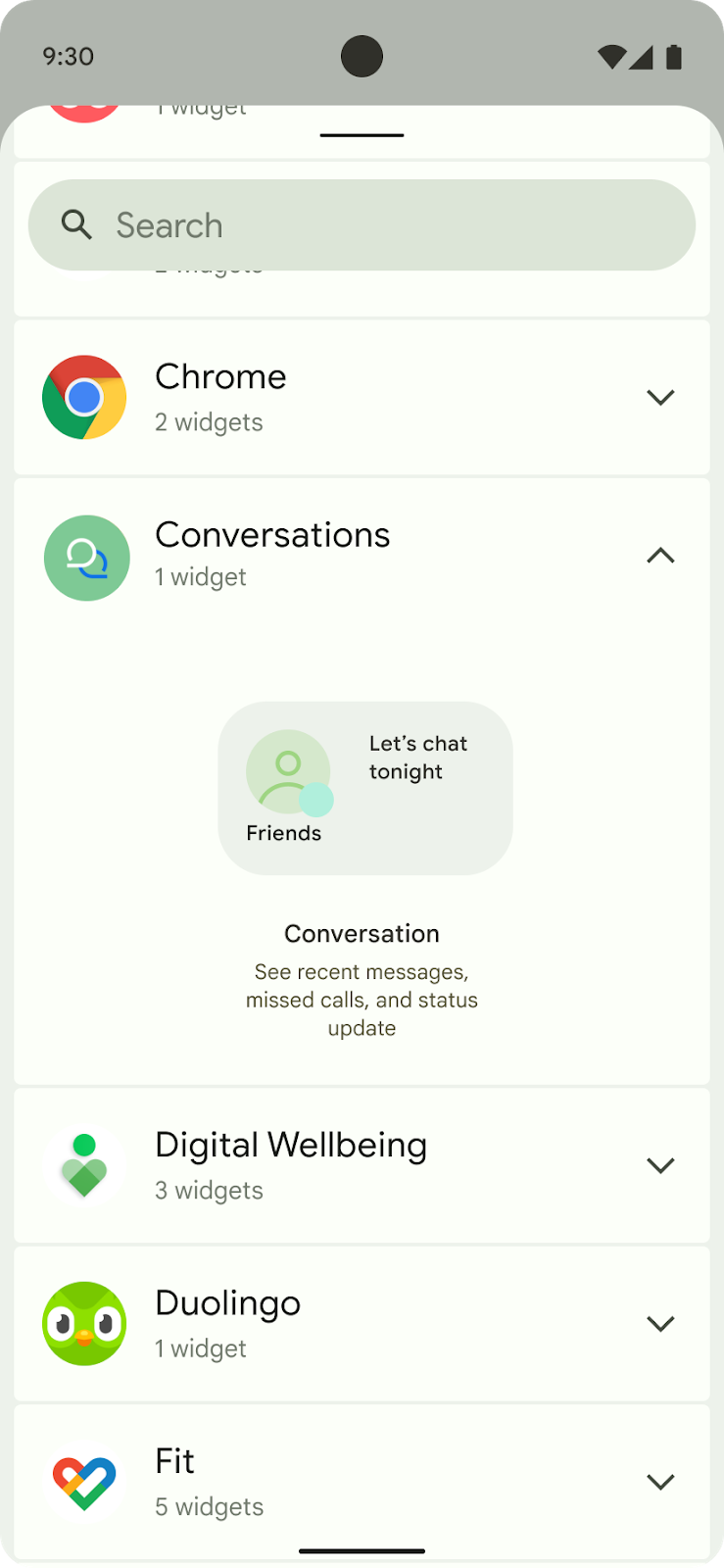 Interfaccia utente del selettore di widget per aggiungere un nuovo widget di conversazione