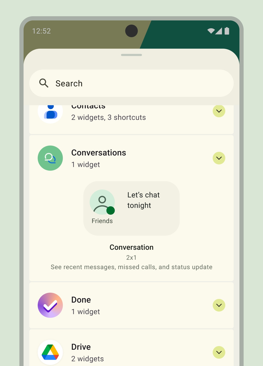 Interface utilisateur du sélecteur de widgets permettant d&#39;ajouter un widget de conversation