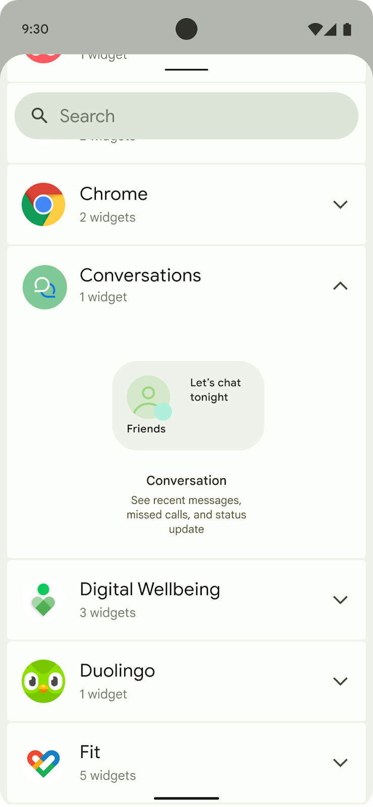 IU do seletor de widgets para adicionar um novo widget de conversa