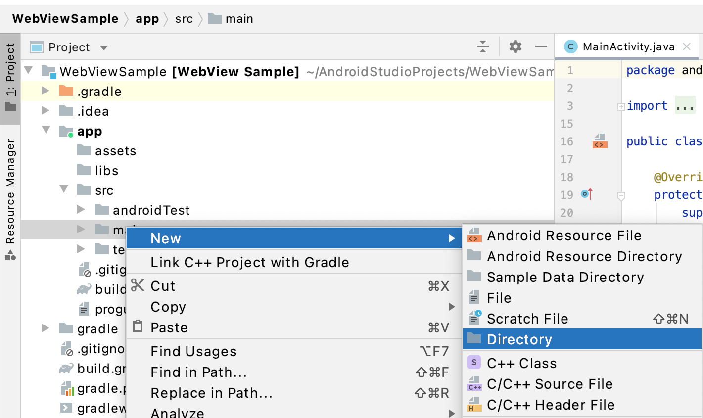 Android Studio में &#39;डायरेक्ट्री&#39; मेन्यू दिखाने वाली इमेज