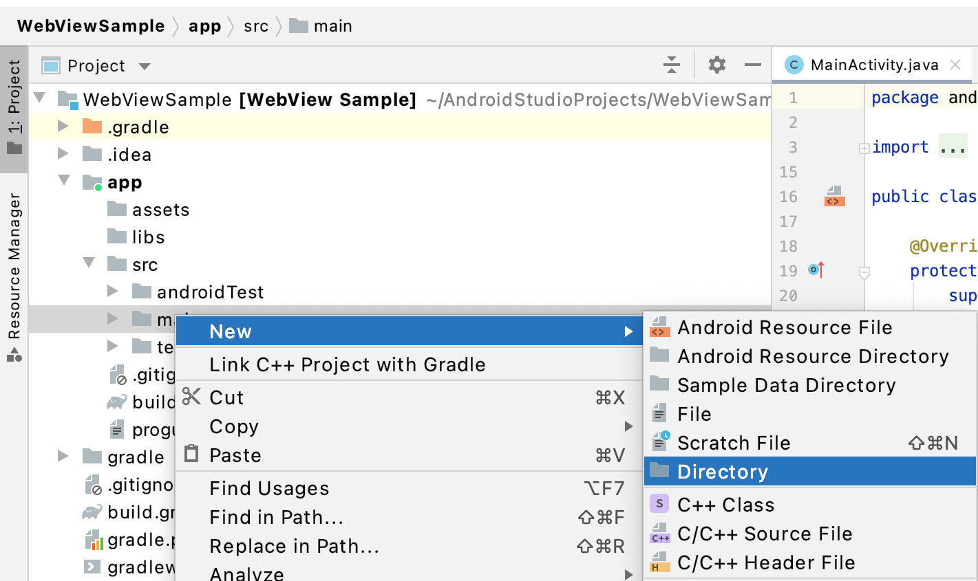 Un&#39;immagine che mostra i menu di creazione della directory di Android Studio