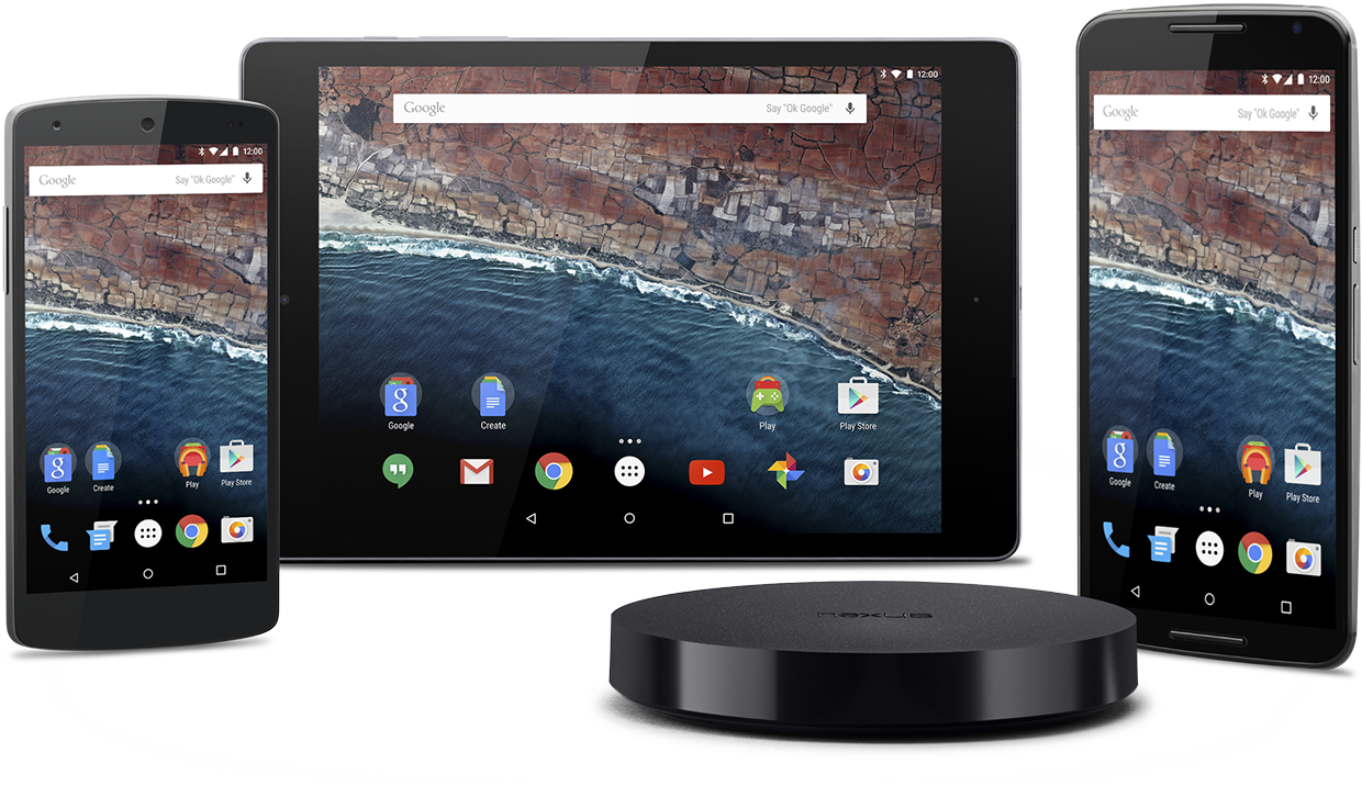 Tela variada de dispositivos, incluindo um tablet, smartphones e um alto-falante com o Android 6.0