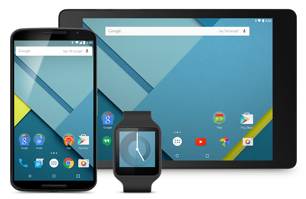 Android 5.0'i gösteren kol saati, cep telefonu ve yatay ekranlı tablet gibi çeşitli cihazların gösterildiği ekran