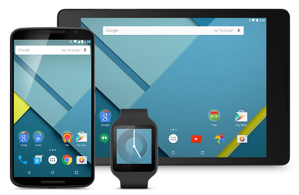 Una variedad de dispositivos, como un reloj, un dispositivo móvil y una tablet orientada horizontalmente, que muestra Android 5.0