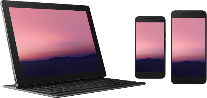 Berbagai macam tampilan perangkat termasuk laptop dan ponsel besar dan kecil yang menampilkan Android 7.0