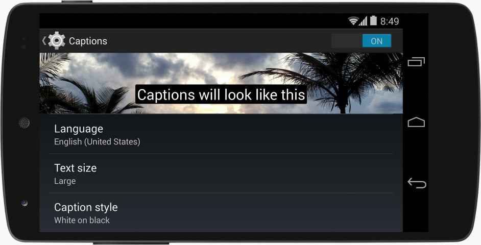 Appareil mobile en mode paysage affichant des sous-titres dans les préférences de sous-titrage pour l'ensemble du système