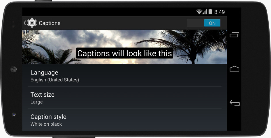 Mobile in landscape orientation displaying captions within system-wide captions preferences