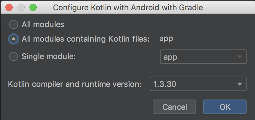 Kotlin kodunu içeren tüm modüller için Kotlin&#39;i yapılandırmayı tercih etme