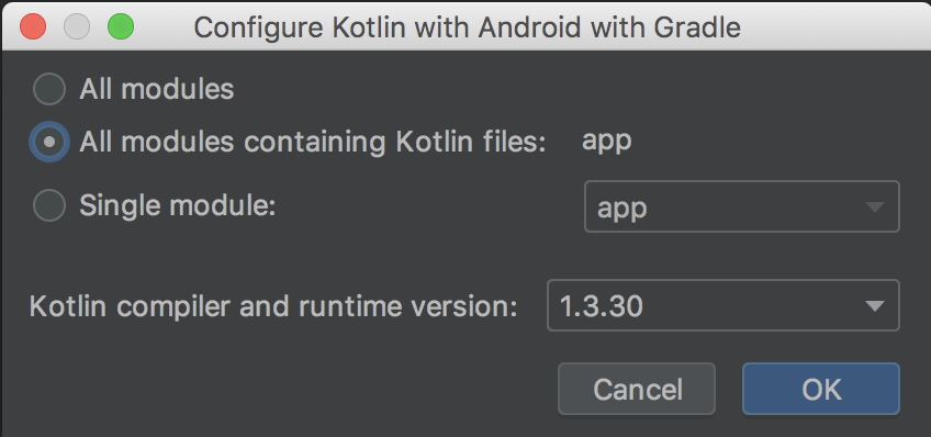 memilih untuk mengonfigurasi Kotlin untuk semua modul yang berisi kode Kotlin