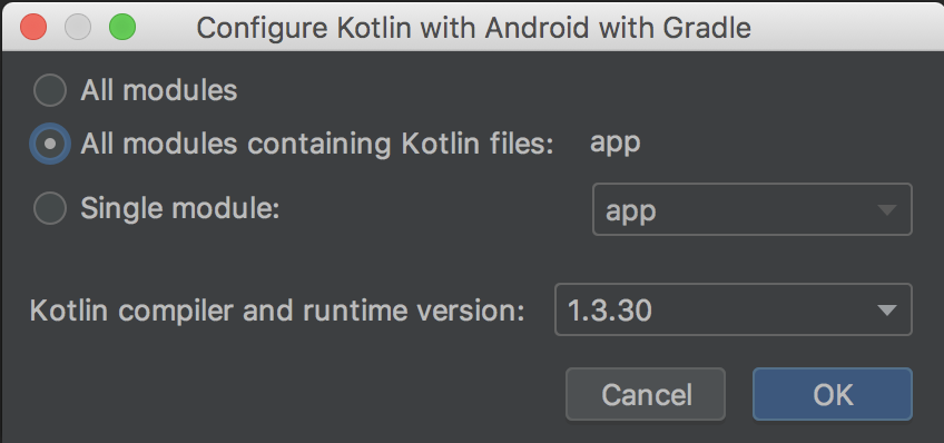 sélectionnez l'option permettant de configurer Kotlin pour tous les modules contenant du code Kotlin
