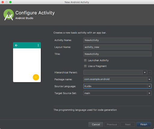 finestra di dialogo che ti consente di scegliere Kotlin come lingua di origine