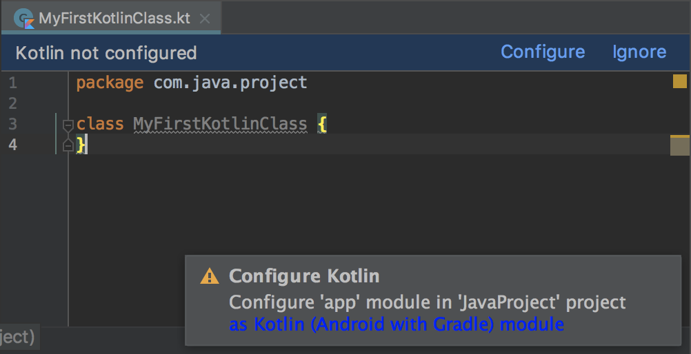 için Kotlin'i yapılandırmanızı isteyen uyarı iletişim kutusu
      proje