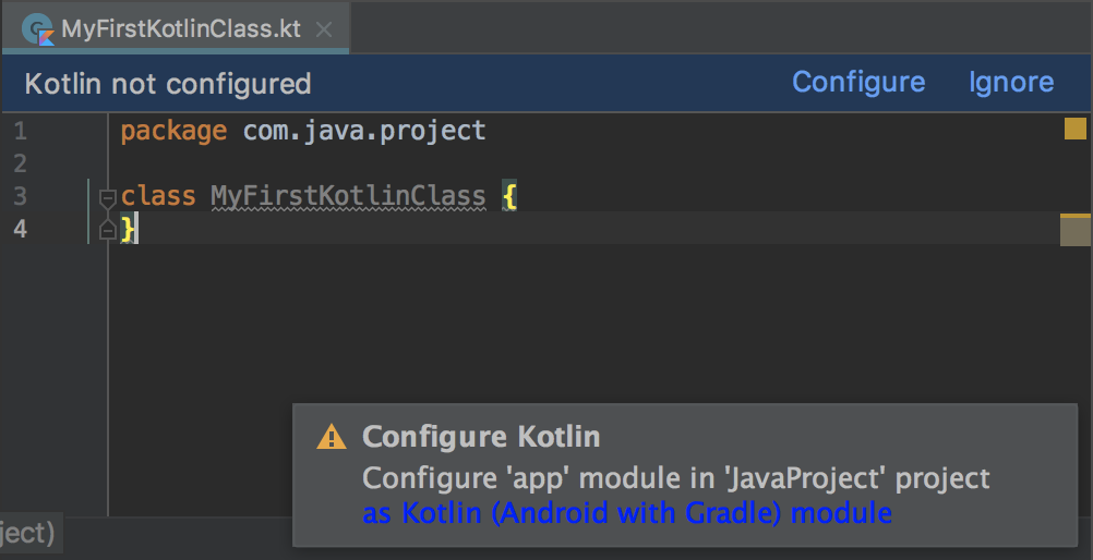 caixa de alerta que solicita que você configure Kotlin para o
      projeto