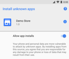 Screenshot showing the settings screen for accepting install of
       unknown apps from different sources.
