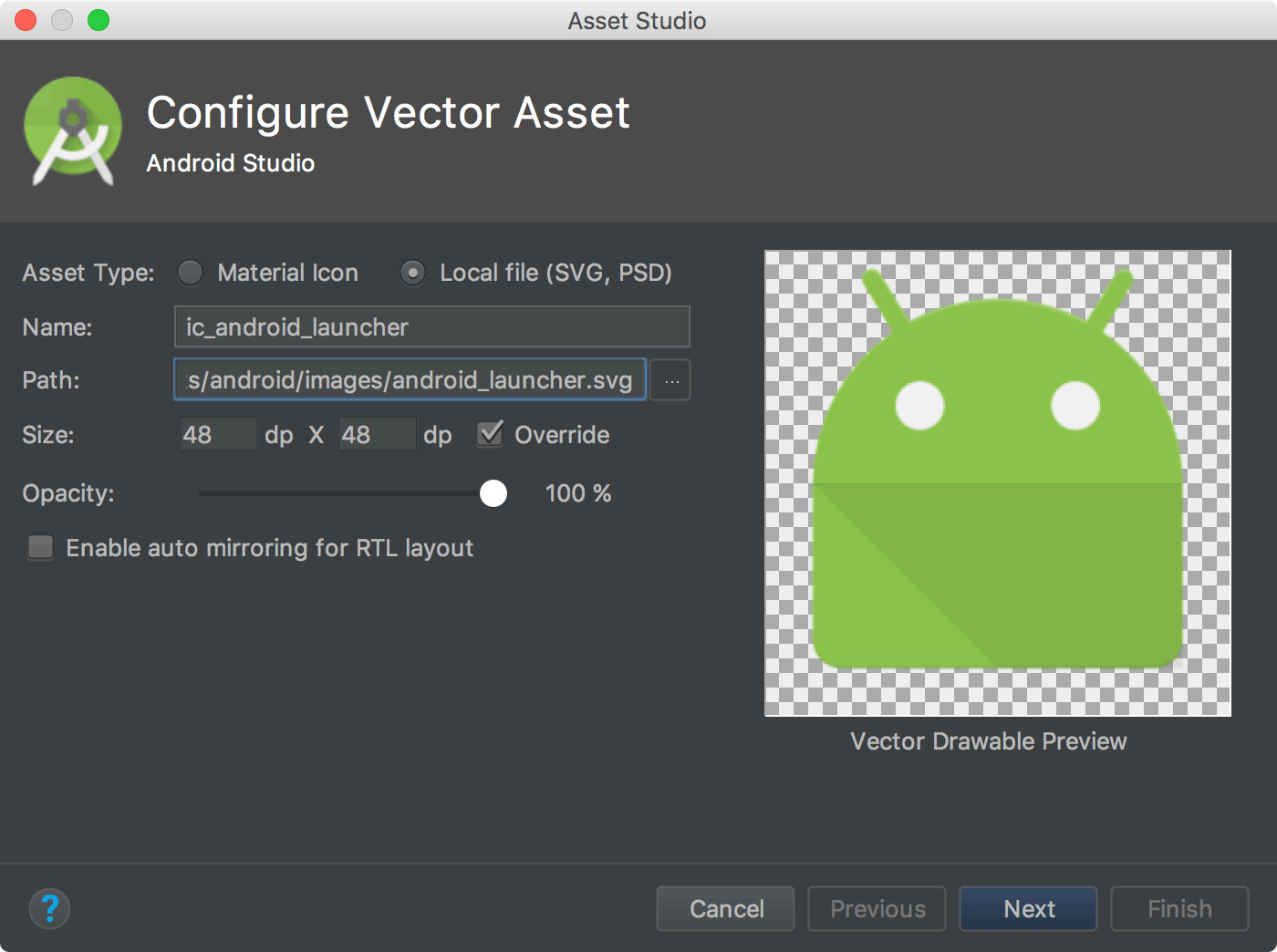 Un'immagine che mostra come importare SVG in Android Studio