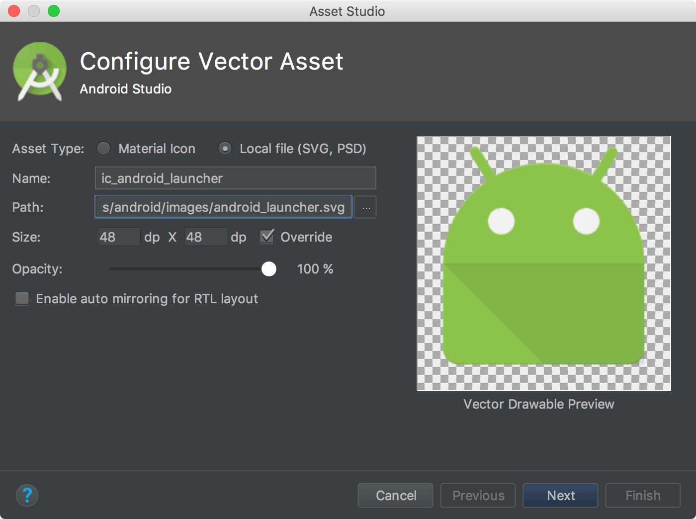 Un&#39;immagine che mostra come importare le immagini SVG in Android Studio