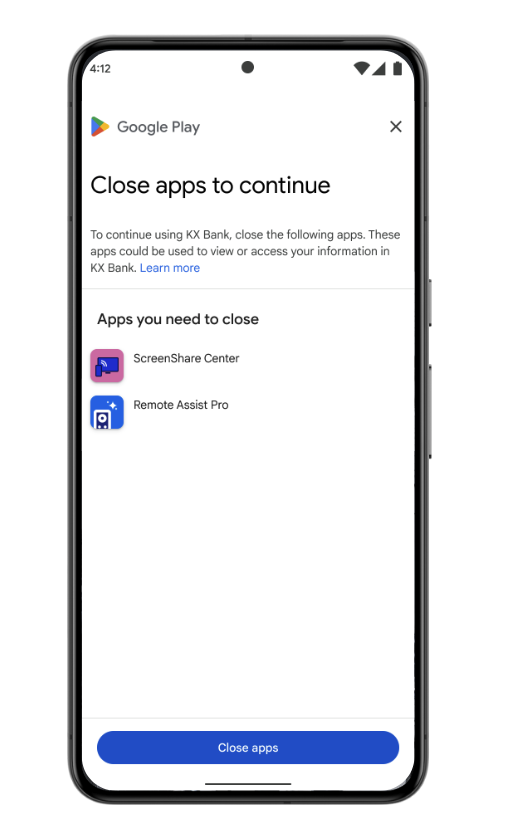 Captura de pantalla de un teléfono que requiere que el usuario cierre ciertas apps.