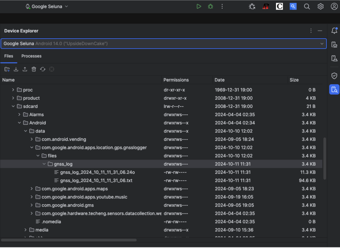 Explorateur de l&#39;appareil Android Studio affichant les fichiers journaux