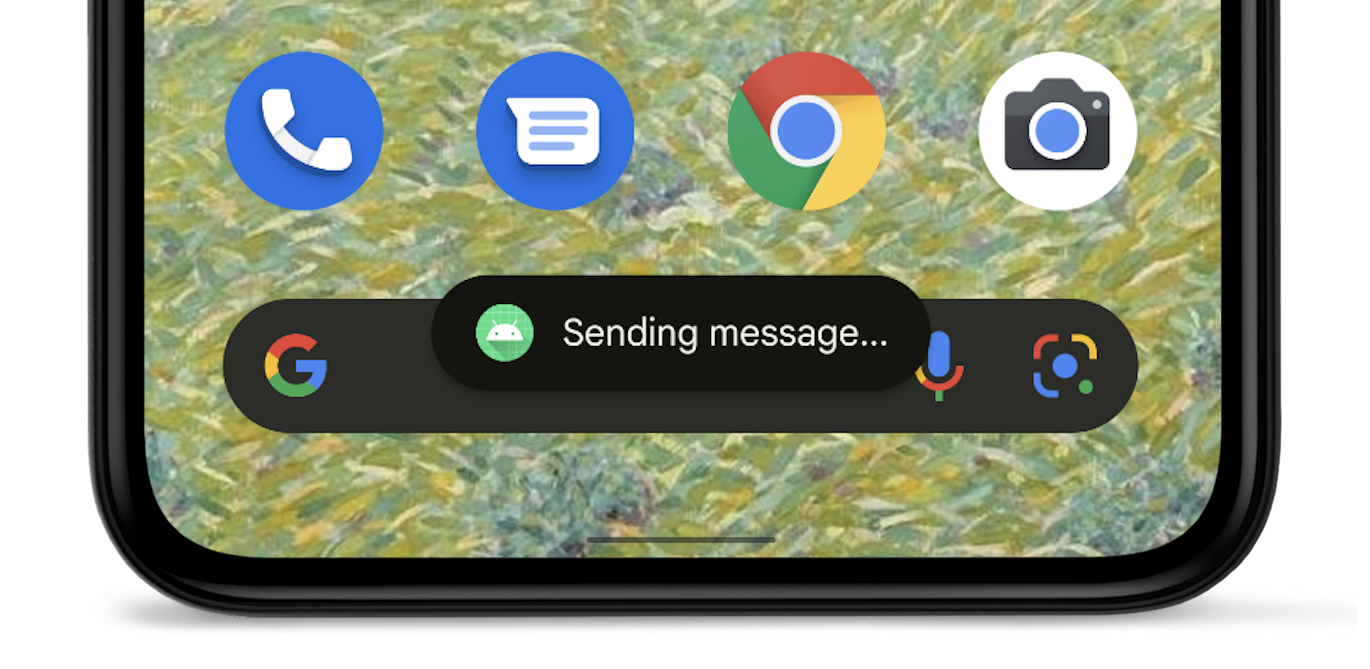 รูปภาพอุปกรณ์ Android ที่แสดงป๊อปอัปข้อความที่ระบุว่า &quot;กำลังส่งข้อความ&quot; ข้างไอคอนแอป