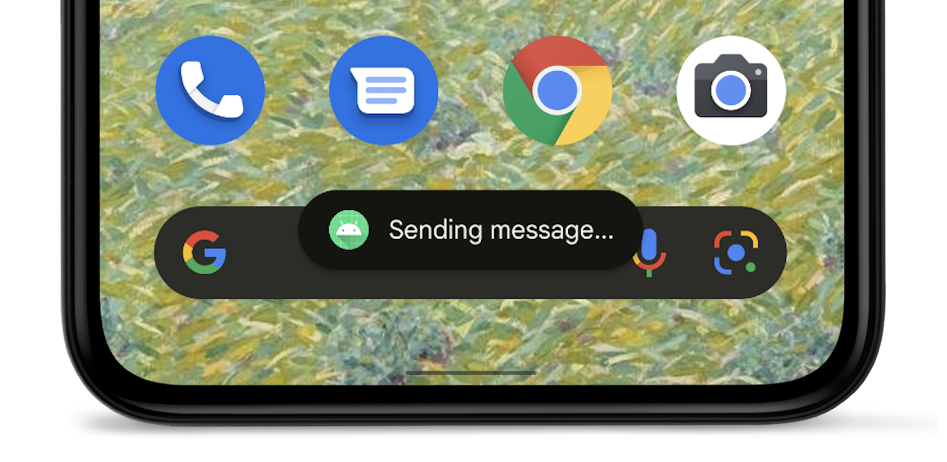 圖片中的 Android 裝置顯示浮動式訊息彈出式視窗，而應用程式圖示旁顯示了「正在傳送郵件」